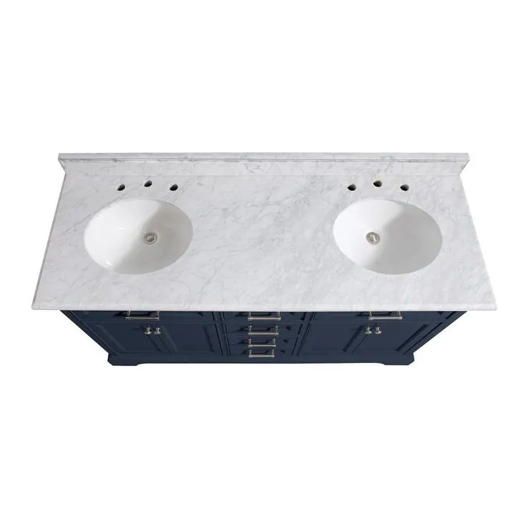 Windlowe 61 in. W x 22 in. D x 35 in. H Bath Vanity in Navy Blue with Carrara Marble Vanity Top in White with White Sink, photo 4 of 9