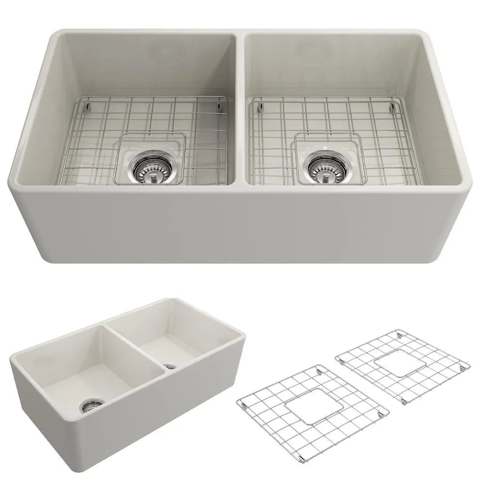 Classico Farmhouse Apron Front Fireclay 33 in. Double Bowl Kitchen Sink with Bottom Grid and Strainer in White, photo 13 of 15
