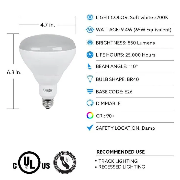 Feit Electric 65-Watt Equivalent BR40 Dimmable CEC Title 24 Compliant LED Energy Star 90+ CRI Flood Light Bulb, Soft White (2-Pack), photo 4 of 8