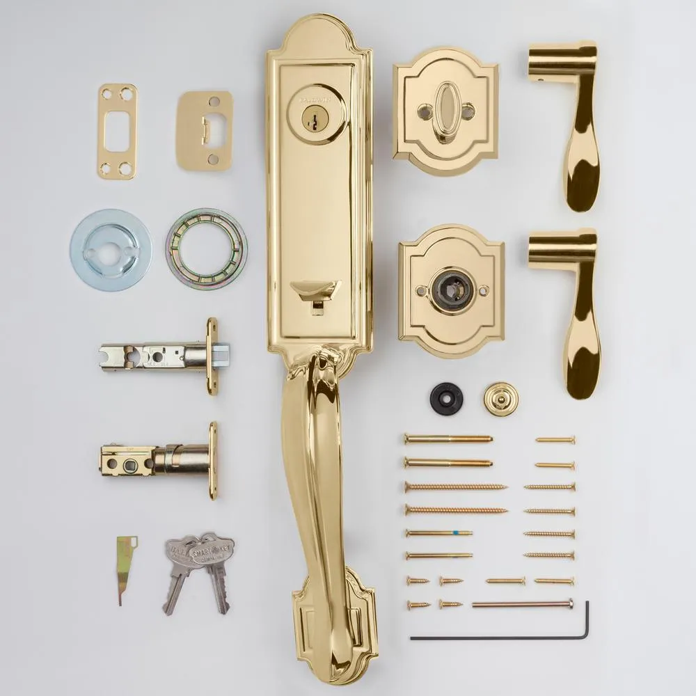 Prestige Avendale Single Cylinder Lifetime Polished Brass Door Handleset & Arch Rose Tobin Door Lever feat SmartKey, photo 11 of 12
