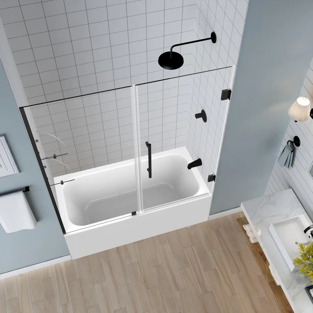 Belmore GS 59.25 in. to 60.25 in. x 60 in. Frameless Hinged Tub Door with Glass Shelves in Matte Black, photo 2 of 9