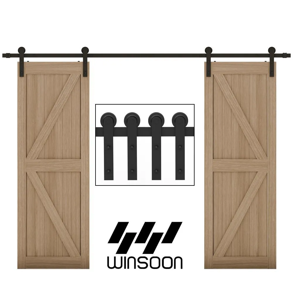 WINSOON 10 ft./120 in. Frosted Black Strap Sliding Barn Door Track Hardware Kit for Double Wood Doors Non-Routed Floor Guide, photo 2 of 7