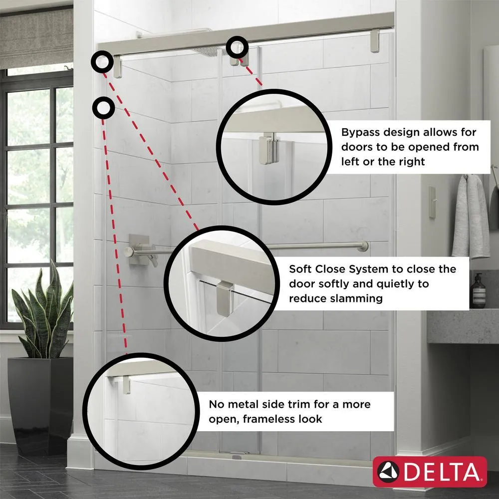 Delta 60 in. x 71-1/2 in. Mod Soft-Close Frameless Sliding Bathtub Door in Nickel with 3/8 in. Clear Glass and Lyndall Handles, photo 6 of 12