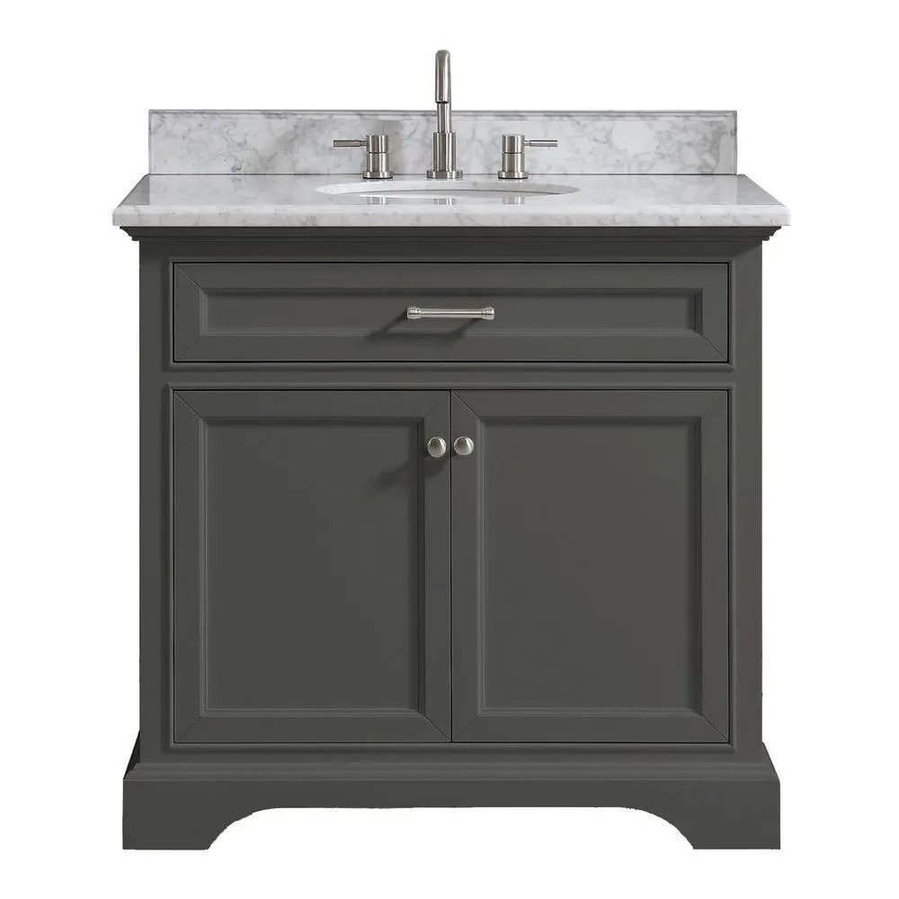 Windlowe 25 in. W x 22 in. D x 35 in. H Bath Vanity in White with Carrera Marble Vanity Top in White with White Sink, photo 10 of 21