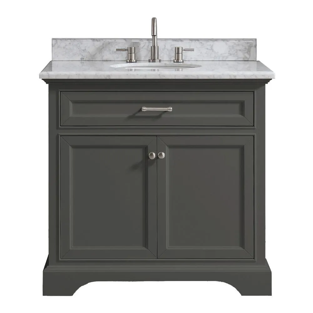 Windlowe 37 in. W x 22 in. D x 35 in. H Bath Vanity in White with Carrera Marble Vanity Top in White with White Sink, photo 5 of 15