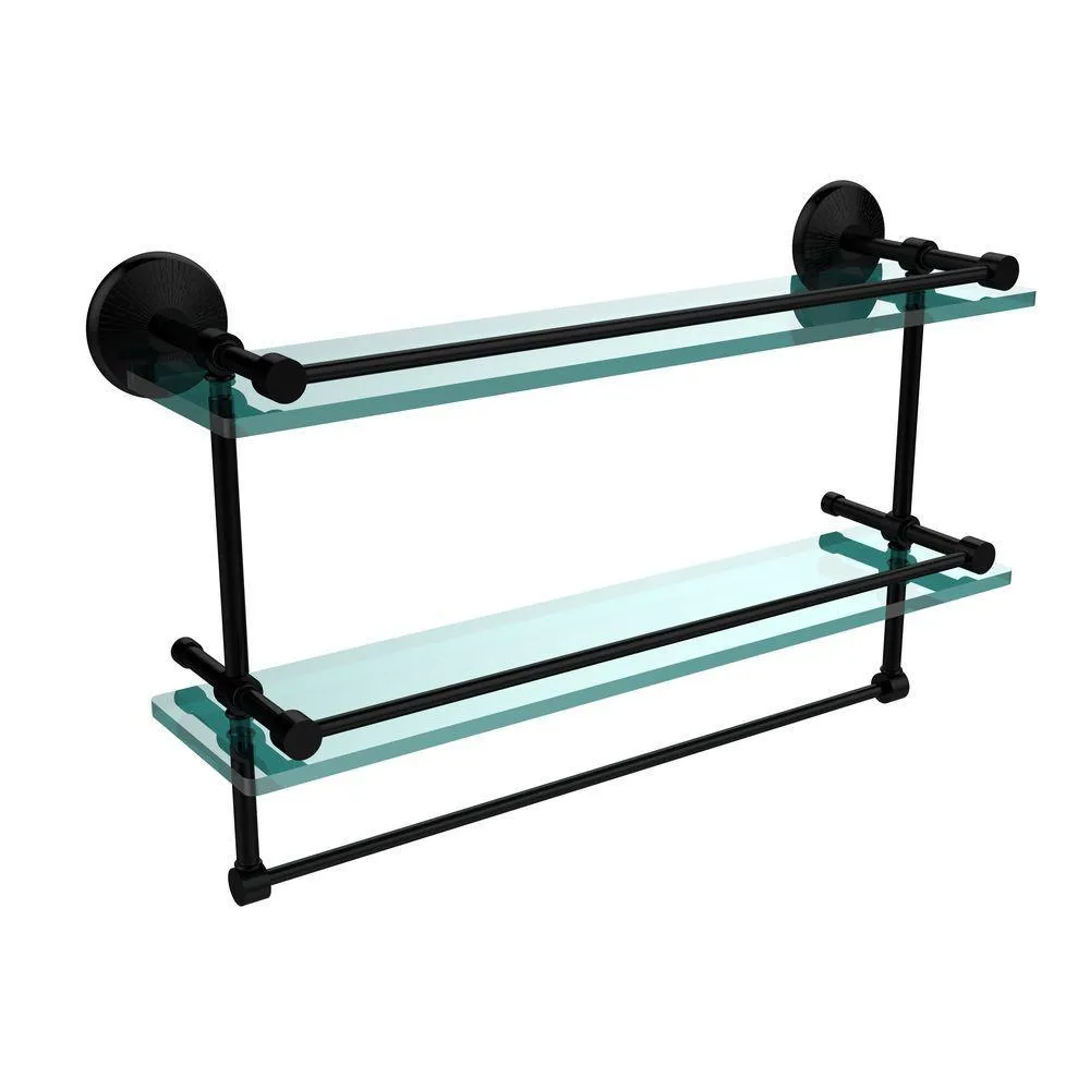 Allied Brass 22 in. L x 12 in. H x 5 in. W 2-Tier Clear Glass Bathroom Shelf with Towel Bar in Satin Nickel, photo 11 of 13