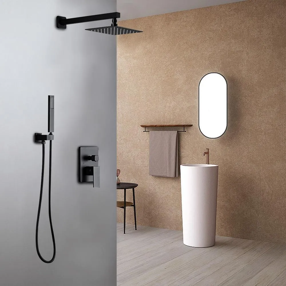 1-Spray Patterns with 1.5 GPM 10 in. Wall Mount Dual Shower Heads with Pressure Balance Valve in Matte Black, photo 2 of 8