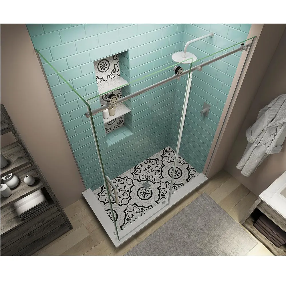 68 in. - 72 in. x 36 in. x 80 in. Frameless Corner Sliding Shower Enclosure Clear Glass in Stainless Steel Left, photo 2 of 6