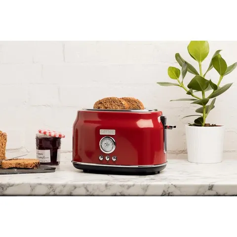 DORSET 1500 W 2-Slice Wide Slot Red Retro Toaster with Removable Crumb Tray and Adjustable Settings