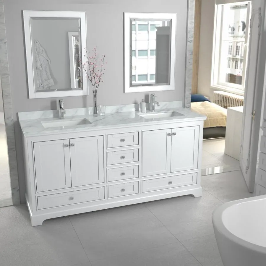 Wyndham Collection Deborah 72-in White Double Sink Bathroom Vanity with White Carrara Natural Marble Top, photo 5 of 14