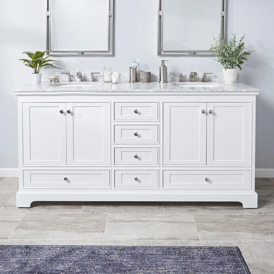 Wyndham Collection Deborah 72-in White Double Sink Bathroom Vanity with White Carrara Marble Top, photo 2 of 10
