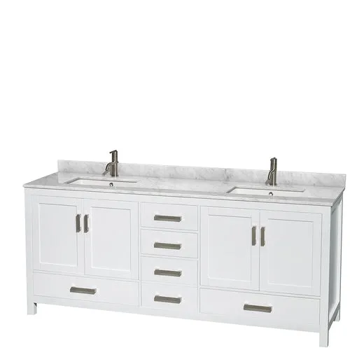 Wyndham Collection Sheffield 80-in White Double Sink Bathroom Vanity with White Carrera Natural Marble Top, photo 2 of 10