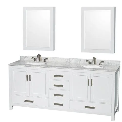 Wyndham Collection Sheffield 80-in White Double Sink Bathroom Vanity with White Carrara Marble Top, Mirror Included, photo 2 of 10