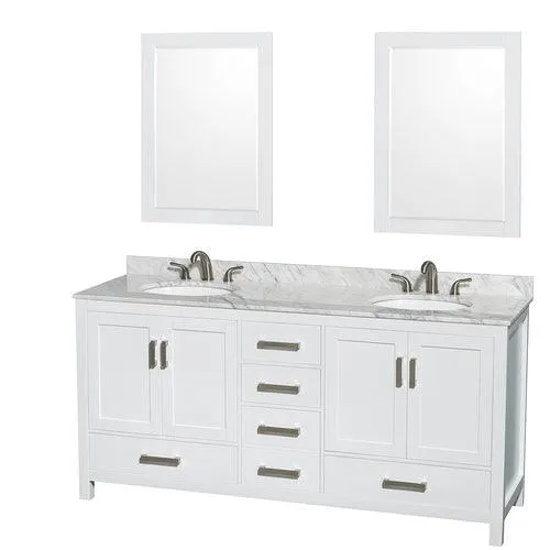 Wyndham Collection Sheffield 72-in White Double Sink Bathroom Vanity with White Carrara Marble Top, Mirror Included, photo 2 of 10