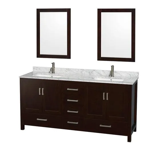 Wyndham Collection Sheffield 72-in Espresso Double Sink Bathroom Vanity with White Carrara Marble Top, Mirror Included, photo 2 of 8