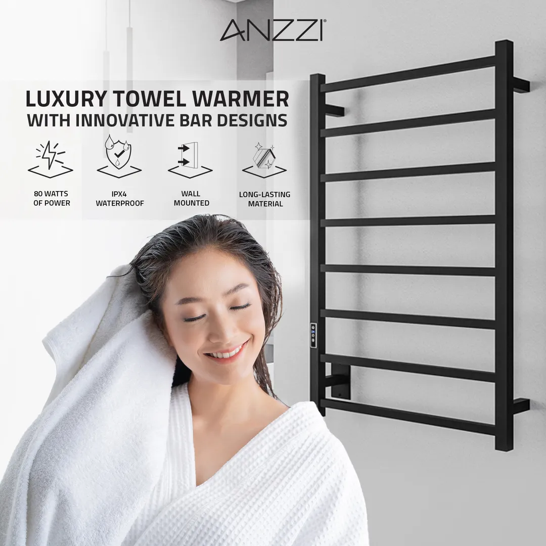 ANZZI Bell 8-Bar Matte Black Plug-In Wall Mounted Towel Warmer, 23.6 in W x 36.25 in H, photo 9 of 10