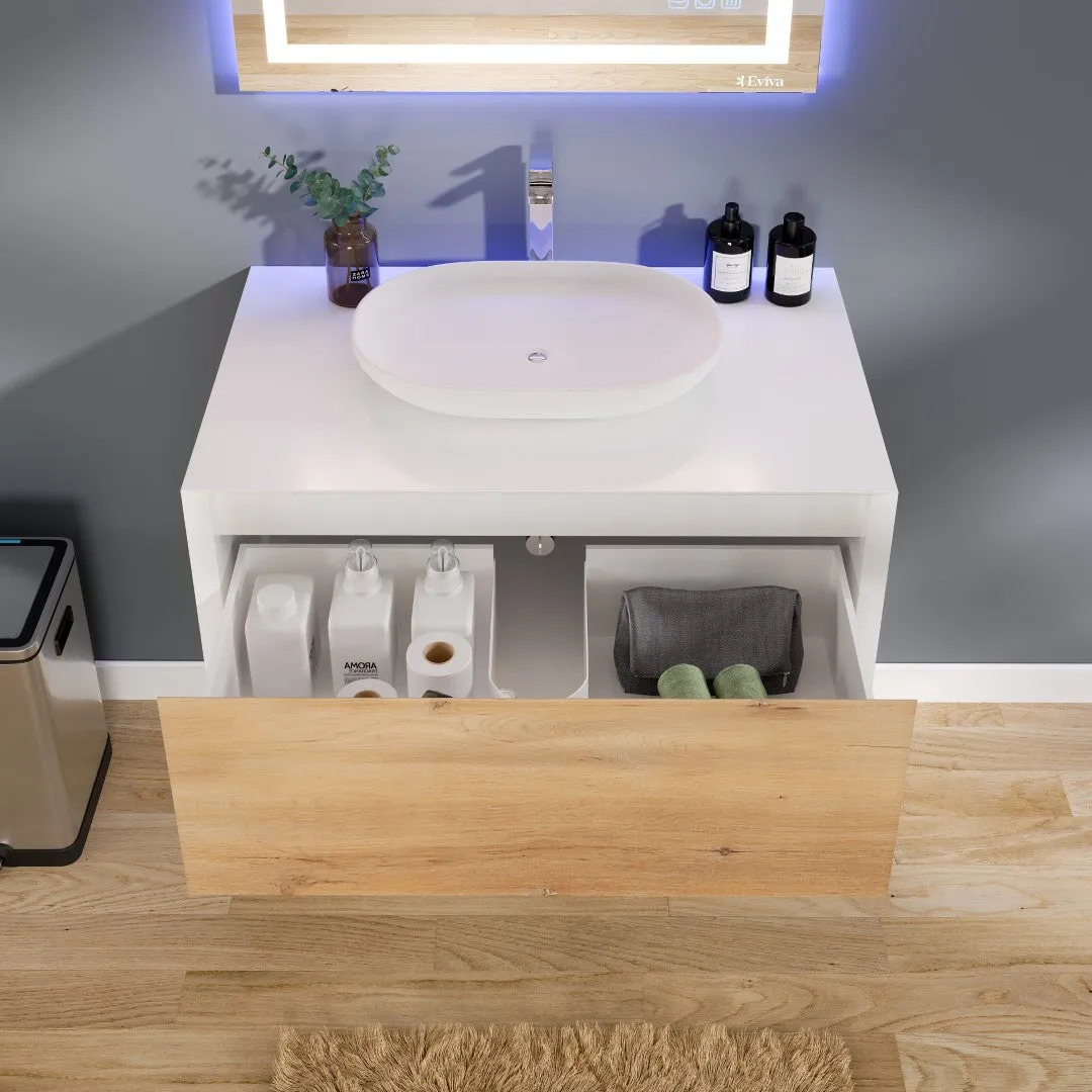 Eviva Santa Monica 36 in. W x 22 in. D x 16 in. H Wall-Mount Single Bathroom Vanity in White Oak/White with White Vessel Sink, photo 7 of 8