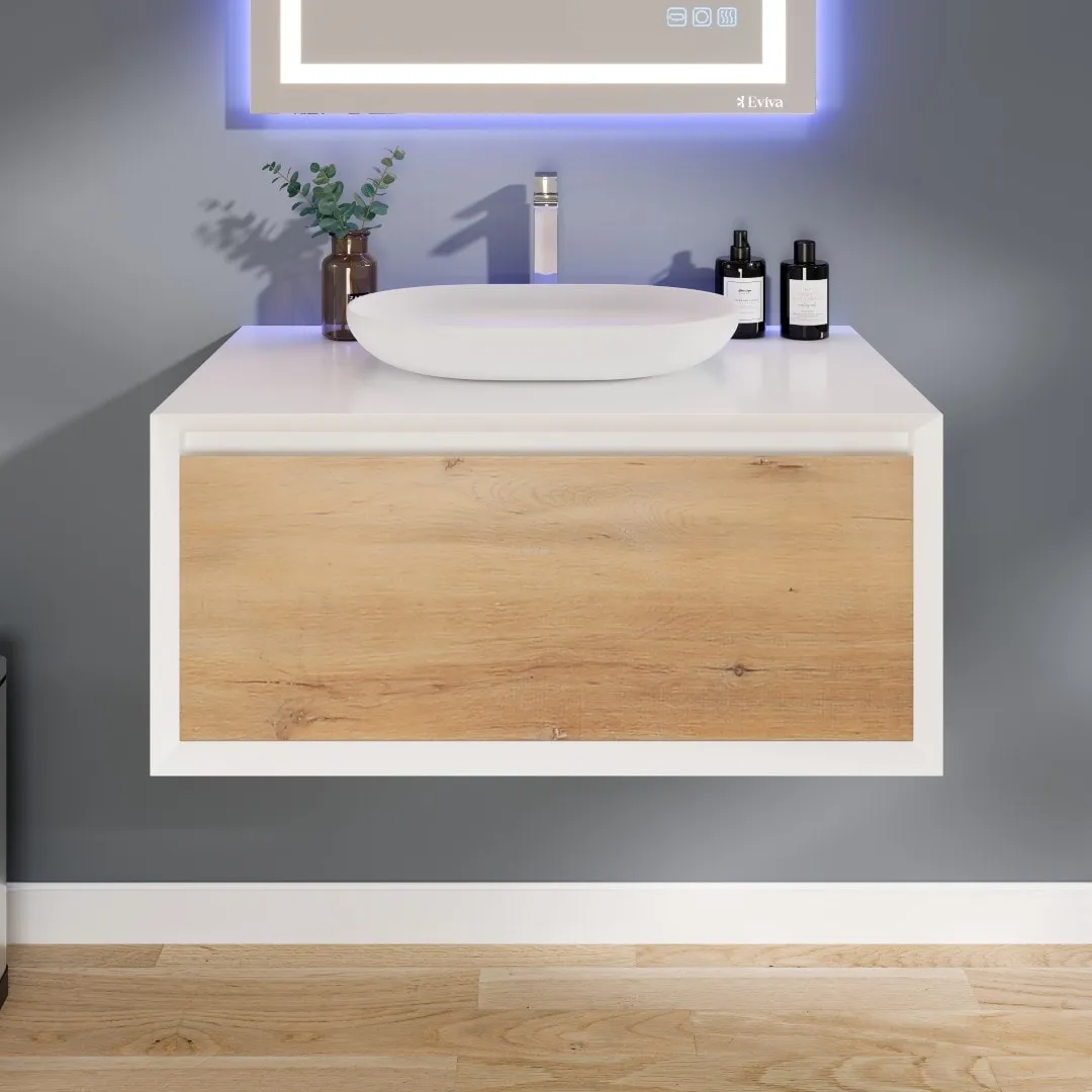 Eviva Santa Monica 36 in. W x 22 in. D x 16 in. H Wall-Mount Single Bathroom Vanity in White Oak/White with White Vessel Sink, photo 4 of 8