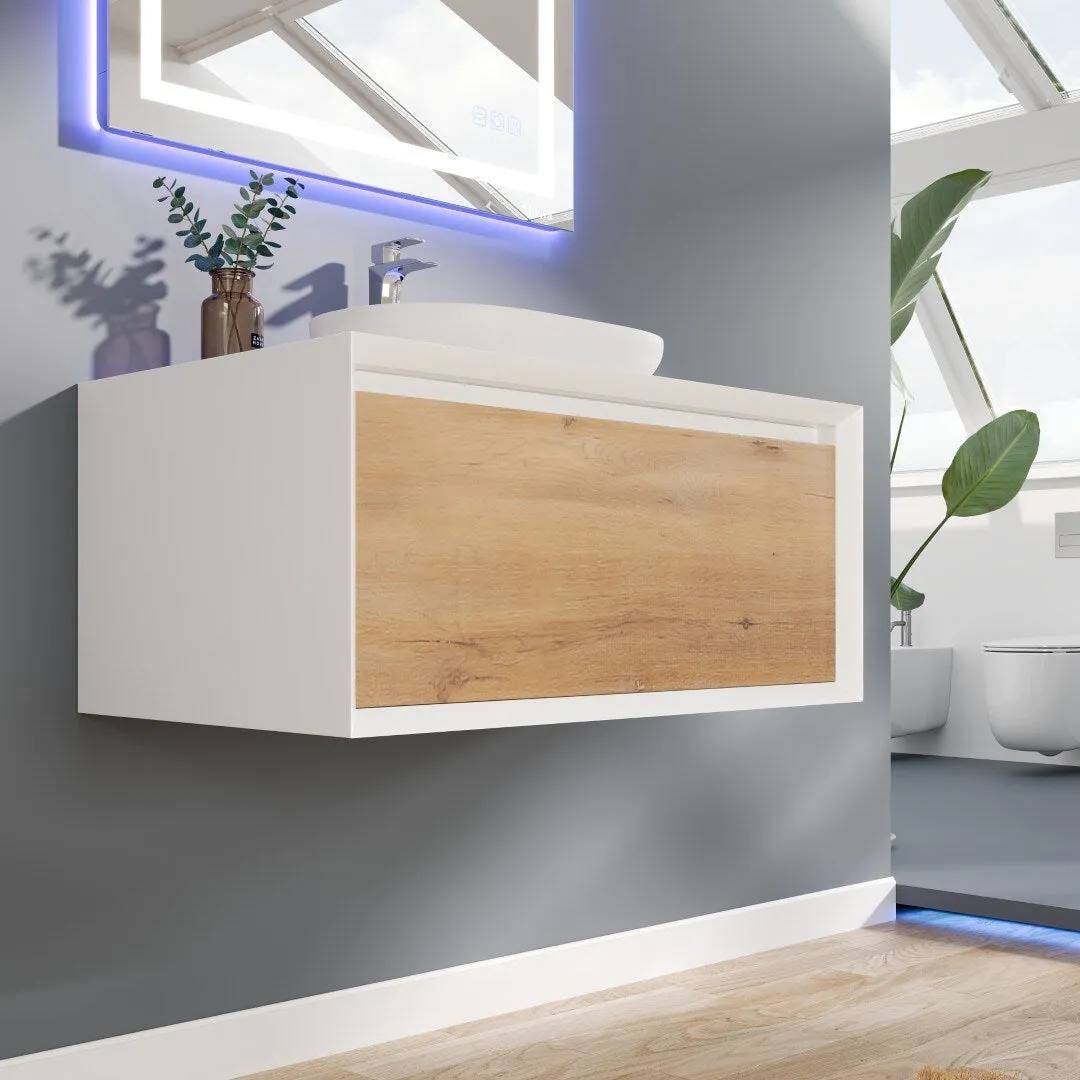 Eviva Santa Monica 36 in. W x 22 in. D x 16 in. H Wall-Mount Single Bathroom Vanity in White Oak/White with White Vessel Sink, photo 3 of 8
