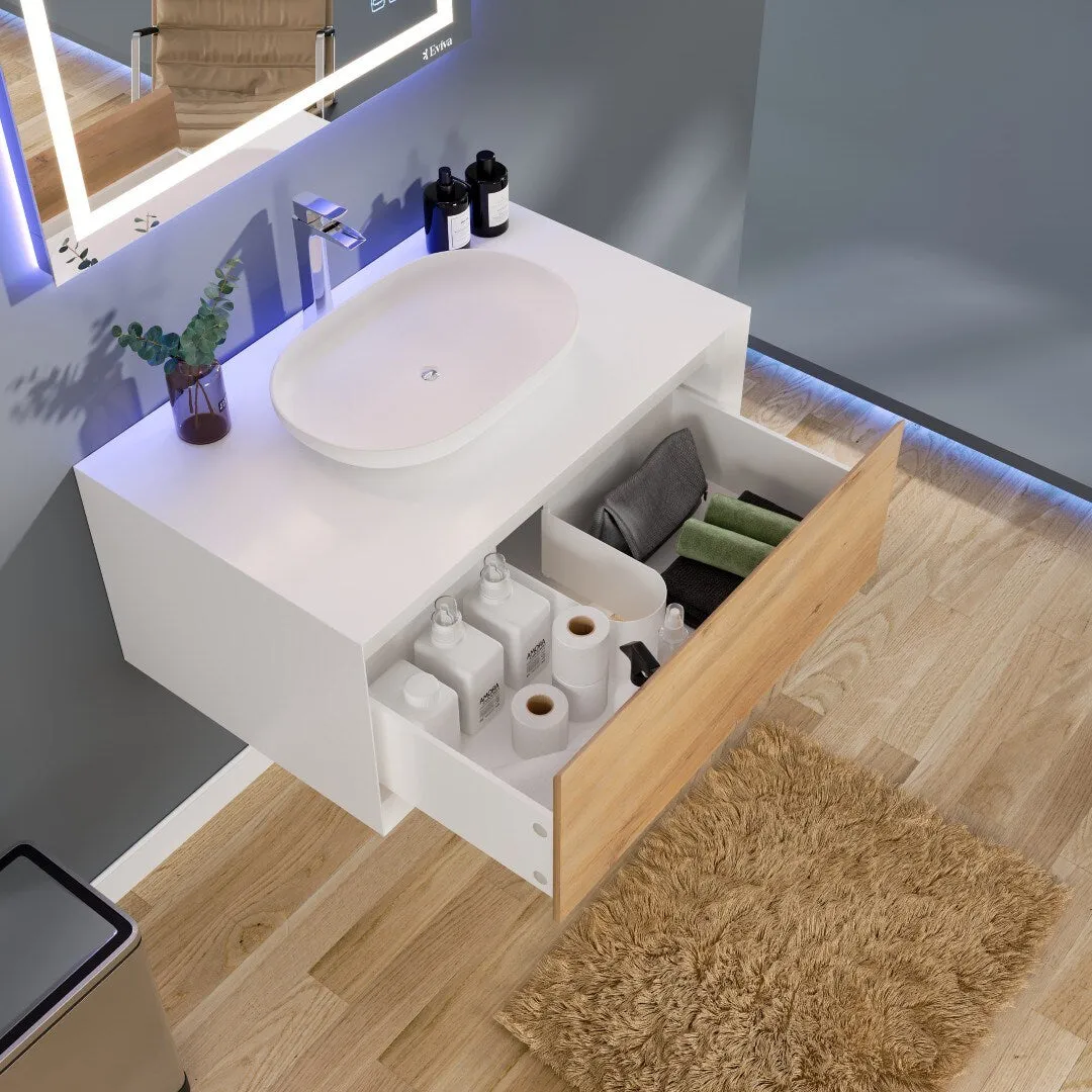Eviva Santa Monica 36 in. W x 22 in. D x 16 in. H Wall-Mount Single Bathroom Vanity in White Oak/White with White Vessel Sink, photo 6 of 8