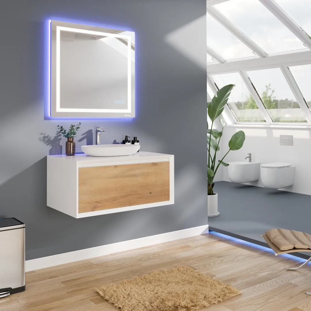 Eviva Santa Monica 36 in. W x 22 in. D x 16 in. H Wall-Mount Single Bathroom Vanity in White Oak/White with White Vessel Sink, photo 2 of 8