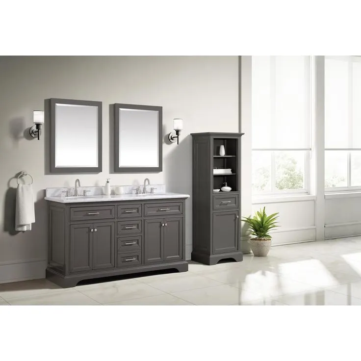 Windlowe 61 in. W x 22 in. D x 35 in. H Bath Vanity in Gray with Carrara Marble Vanity Top in White with White Sink, photo 4 of 10