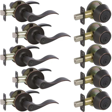 5-Bennett Edged Oil Rubbed Bronze Entry Door Levers and 5-Edged Oil Rubbed Bronze Sgl Cyl Deadbolts All Keyed Alike