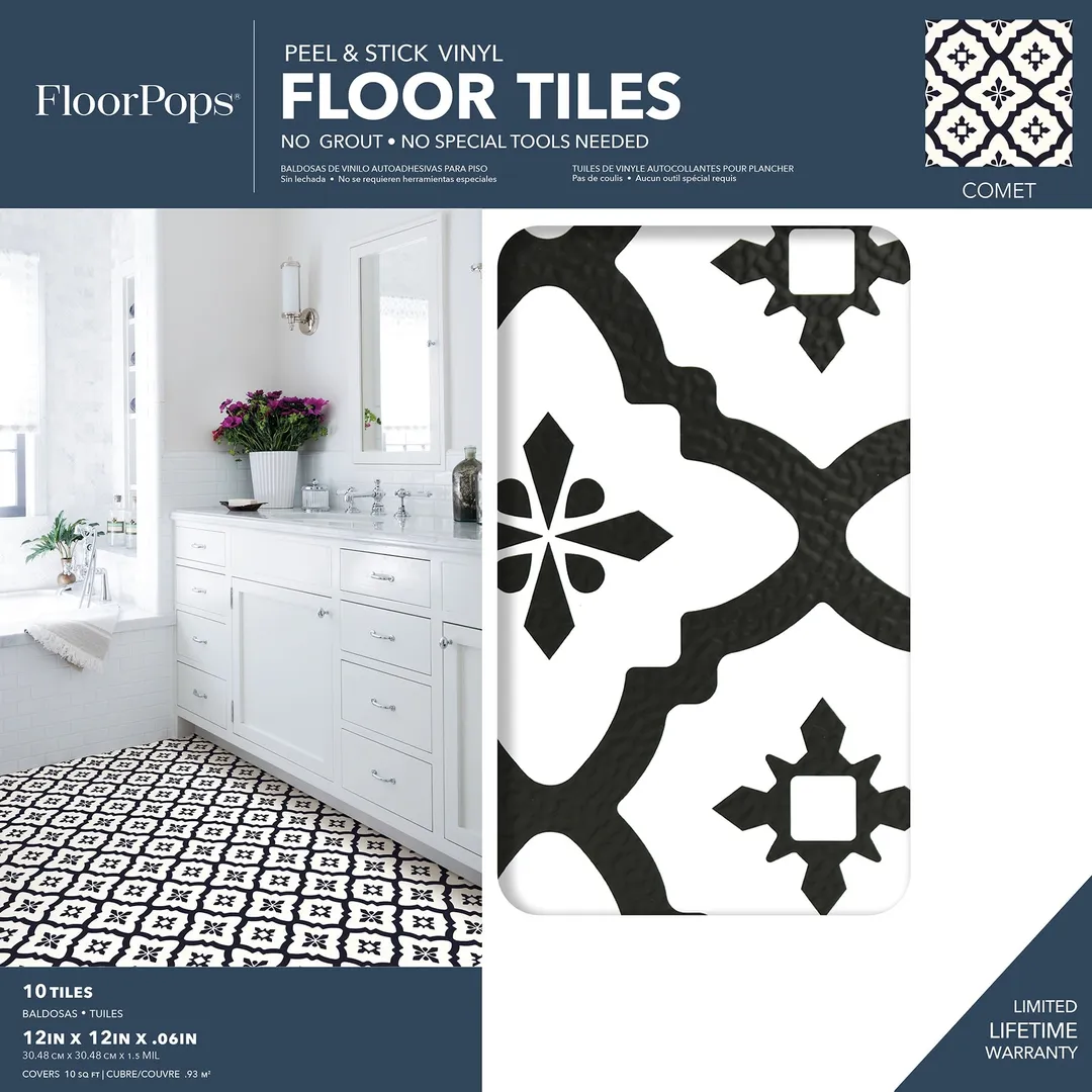 FloorPops Black 12-in x 12-in Water Resistant Peel and Stick Vinyl Tile Flooring, 20-sq ft Carton, photo 6 of 8