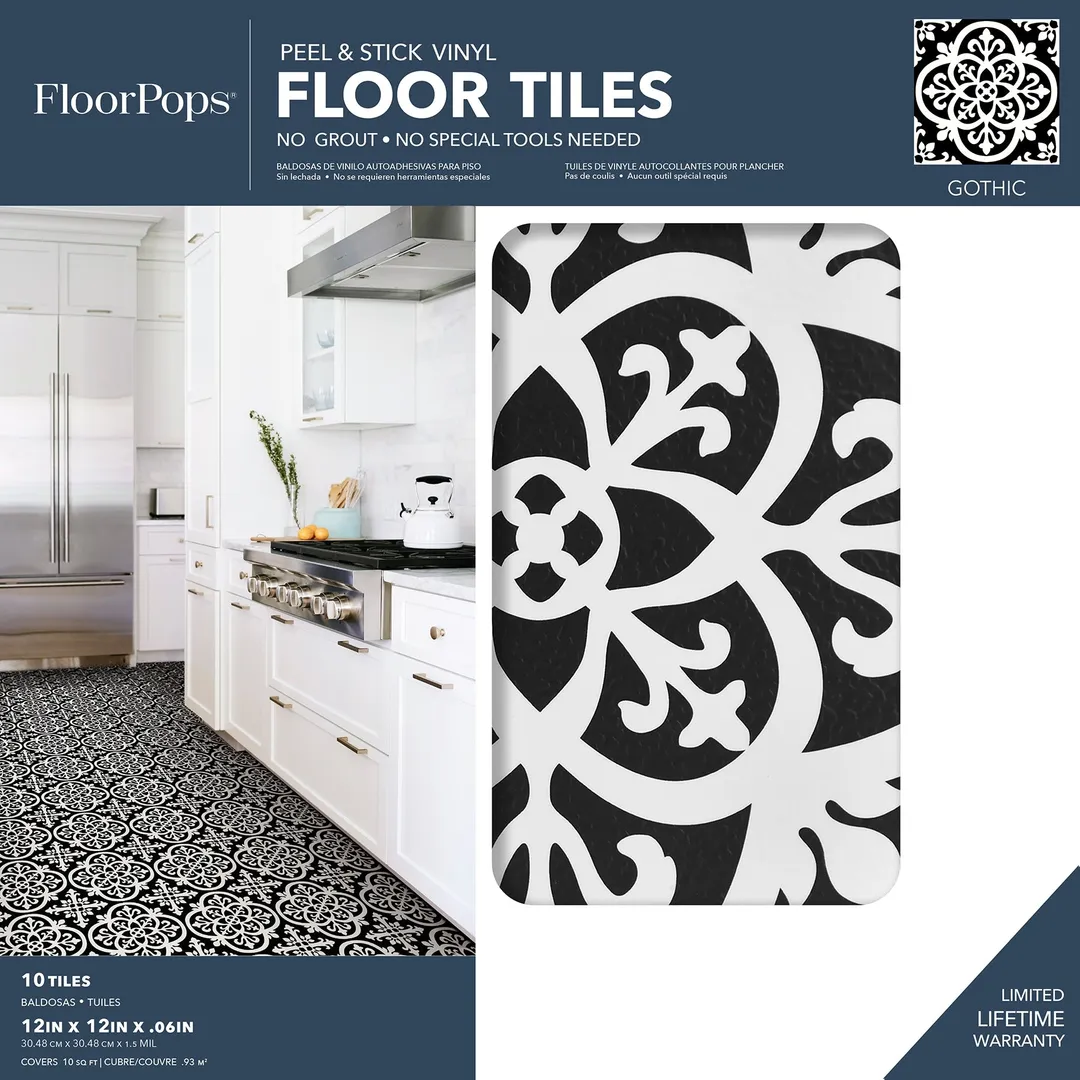 FloorPops Black and White 2.76-mil x 12-in W x 12-in L Water Resistant Peel and Stick Vinyl Tile Flooring, photo 8 of 8