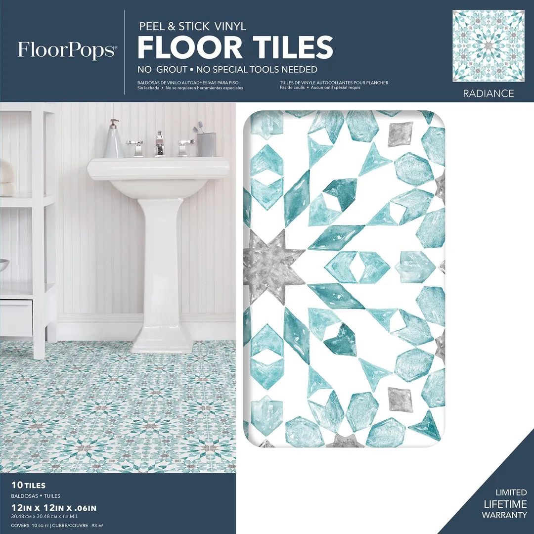 FloorPops Blue 12-in x 12-in Water-Resistant Peel and Stick Vinyl Tile Flooring, 20-sq ft Carton, photo 5 of 5