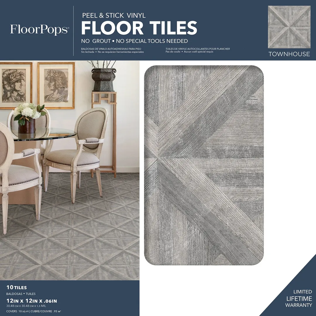 FloorPops Grey 12-in x 12-in Water-Resistant Peel-and-Stick Vinyl Tile Flooring, 20-sq ft Carton, photo 7 of 8