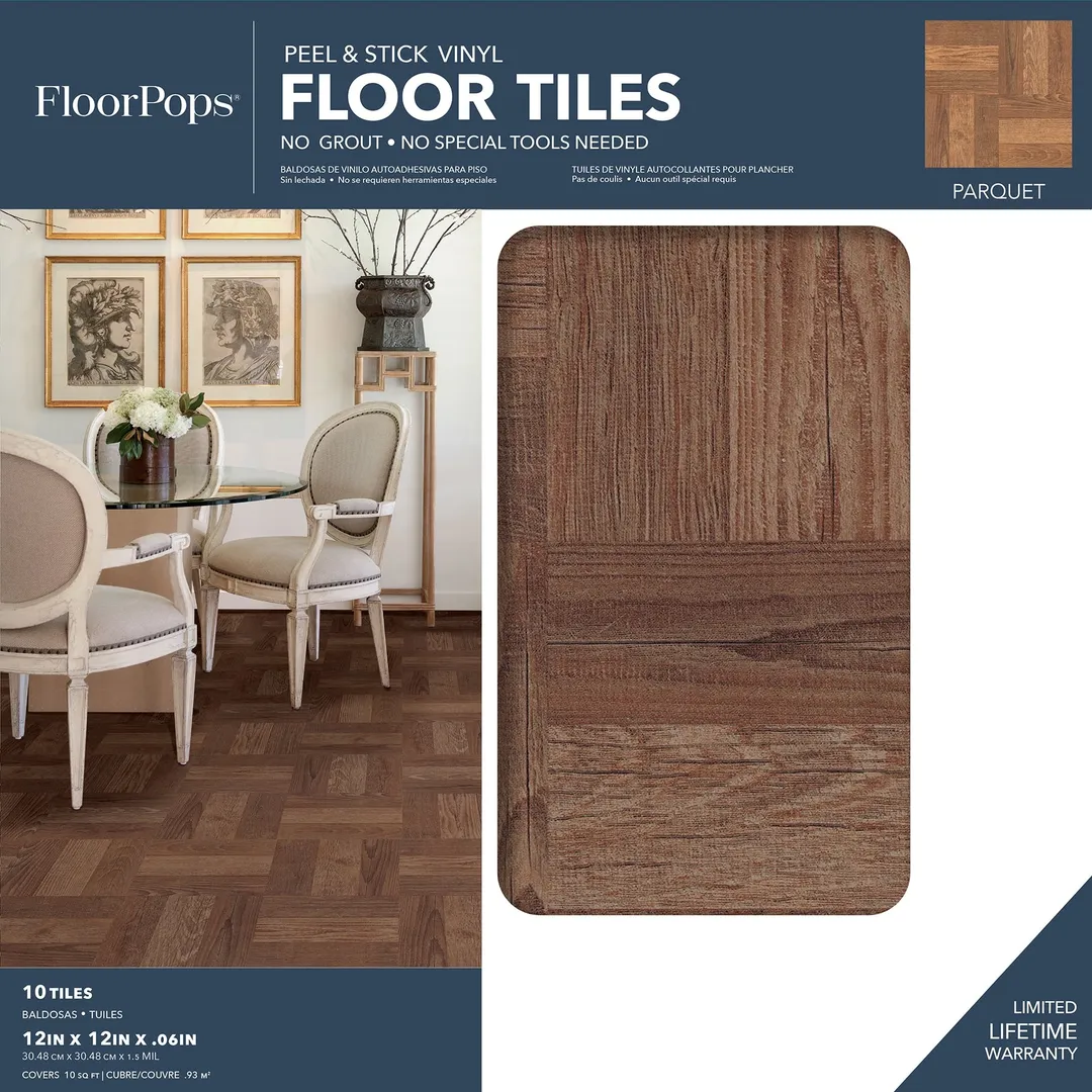 FloorPops Brown 12-in x 12-in Water-Resistant Peel-and-Stick Vinyl Tile Flooring, 20-sq ft Carton, photo 8 of 8