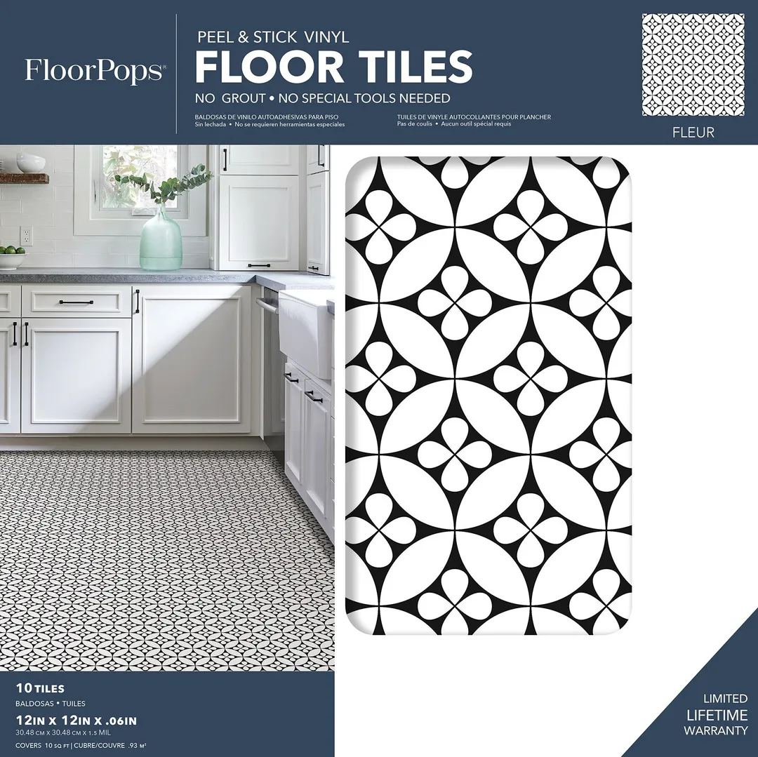 FloorPops Fleur Black & White 12-in x 12-in Peel and Stick Vinyl Floor Tiles, Water-Resistant, 20-sq ft Coverage, photo 5 of 8