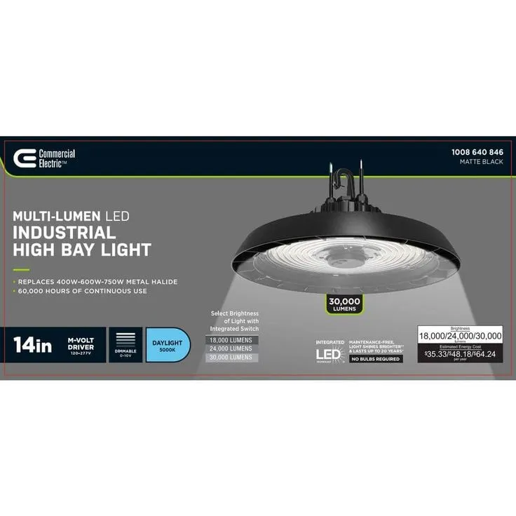 Commercial Electric 14 in. Black Integrated LED Dimmable High Bay Light at 30000 Lumens, 5000K Daylight, photo 3 of 9