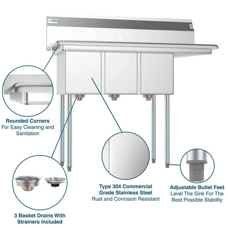 45 in. Freestanding Stainless Steel 2-Hole Triple Bowl Commercial Kitchen Sink, photo 8 of 13
