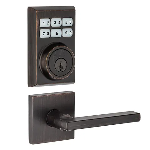 SmartCode Contemporary Venetian Bronze Single Cylinder Electronic Deadbolt and Halifax Lever with SmartKey Security
