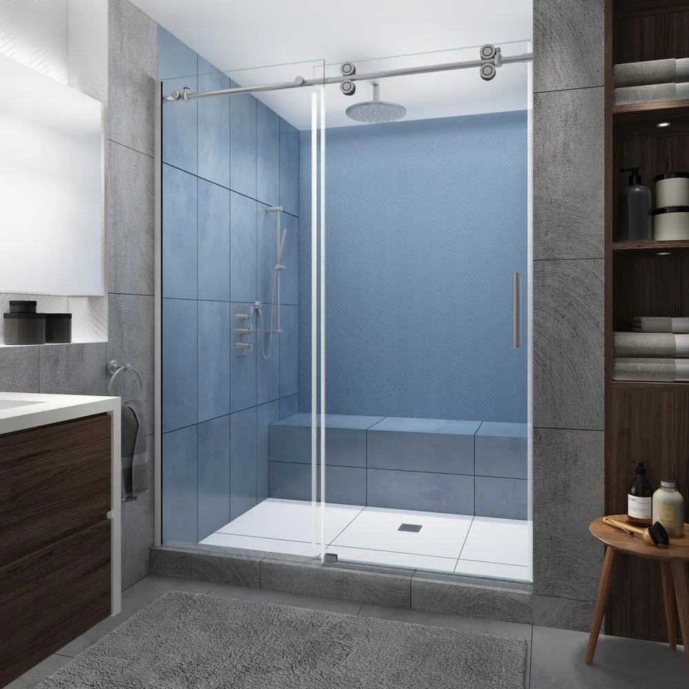 Langham XL 68 - 72 in. x 80 in. Frameless Sliding Shower Door with Ultra-Bright Frosted Glass in Stainless Steel, photo 16 of 22