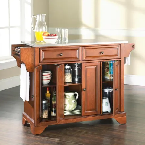 Brown Composite Base with Stainless Steel Metal Top Kitchen Island