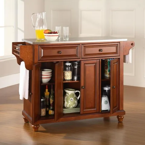 Brown Composite Base with Stainless Steel Metal Top Kitchen Island