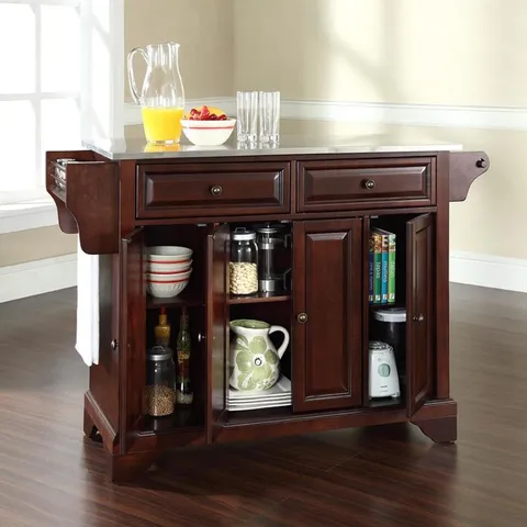 Brown Composite Base with Stainless Steel Metal Top Kitchen Island