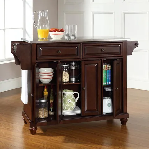 Brown Composite Base with Stainless Steel Metal Top Kitchen Island