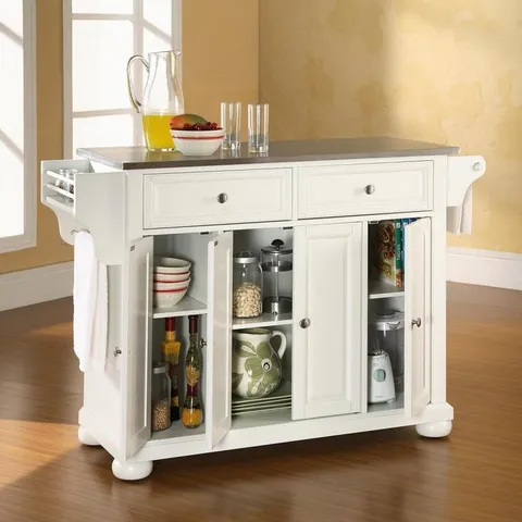 White Composite Base with Stainless Steel Metal Top Kitchen Island