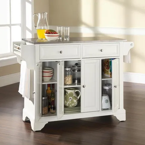 White Composite Base with Stainless Steel Metal Top Kitchen Island
