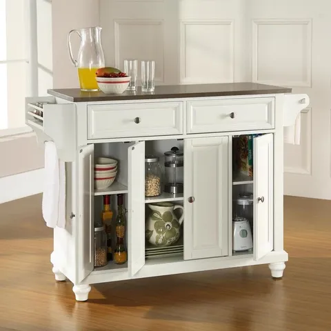 White Composite Base with Stainless Steel Metal Top Kitchen Island