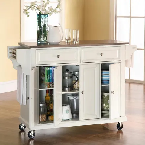 White Composite Base with Stainless Steel Metal Top Kitchen Island