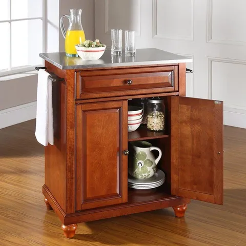 Brown Composite Base with Stainless Steel Metal Top Kitchen Island