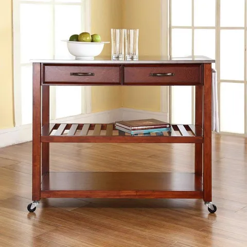 Brown Composite Base with Stainless Steel Metal Top Kitchen Cart