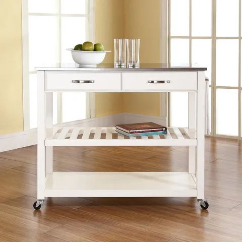 White Composite Base with Steel Metal Top Kitchen Cart