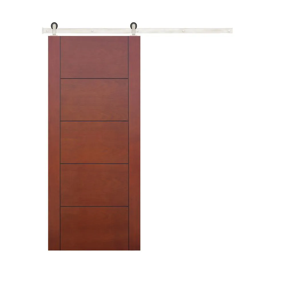Pacific Entries 36 in. x 84 in. Contemporary Prefinished 5-Panel Flush Mahogany Wood Sliding Barn Door with Bronze Hardware Kit, photo 5 of 8