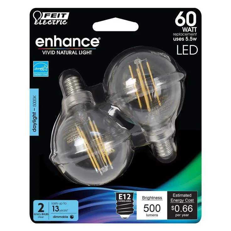 Feit Electric 60-Watt Equivalent G16.5 Candelabra Dimmable Filament ENERGY STAR Clear Glass LED Light Bulb, Daylight (2-Pack), photo 4 of 10